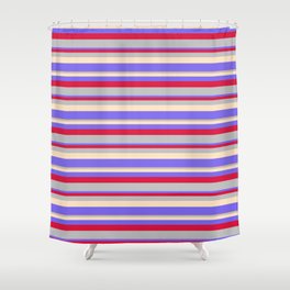 [ Thumbnail: Crimson, Grey, Bisque & Medium Slate Blue Colored Lined Pattern Shower Curtain ]