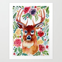 Deer & Florals Art Print
