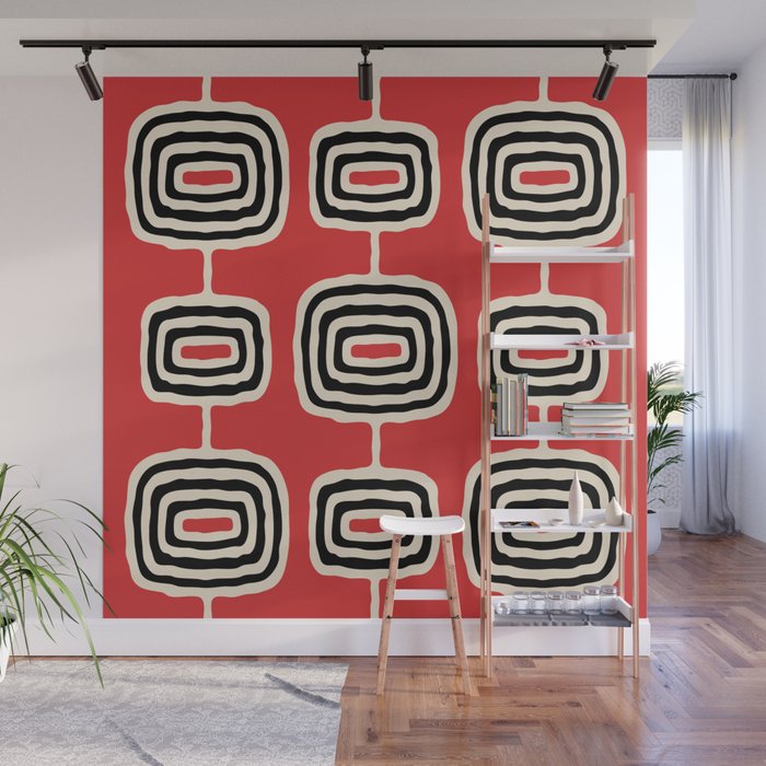 Mid Century Modern Atomic Rings Pattern 222 Black Beige and Red Wall Mural