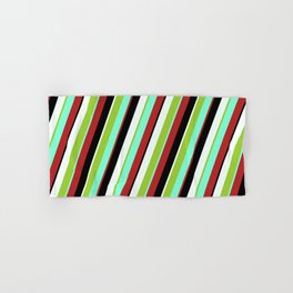 [ Thumbnail: Eyecatching Green, Aquamarine, Red, Black & Mint Cream Colored Stripes/Lines Pattern Hand & Bath Towel ]