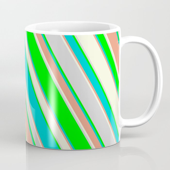 Lime, Dark Turquoise, Dark Salmon, Beige, and Light Gray Colored Stripes/Lines Pattern Coffee Mug