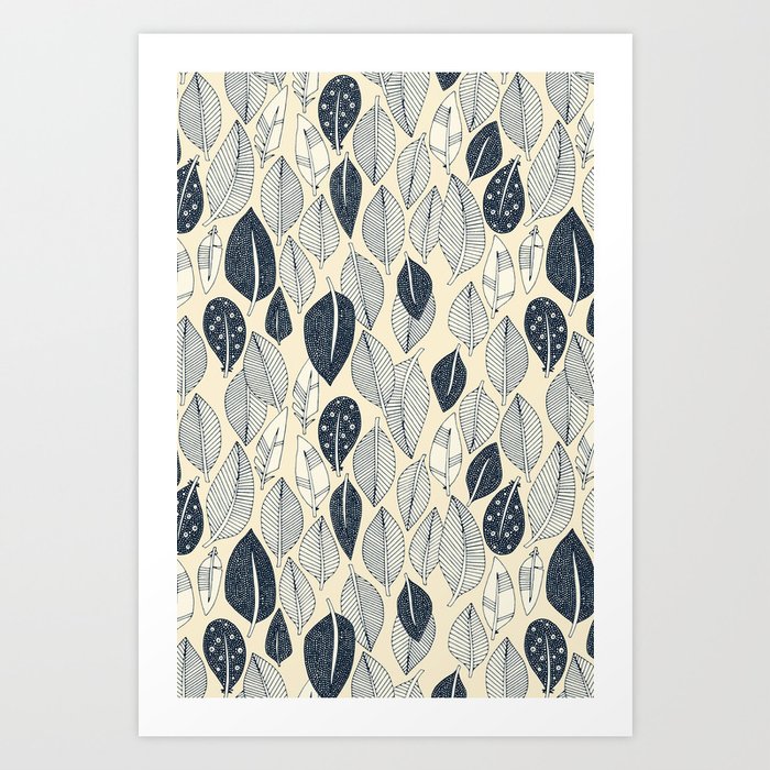 leaves and feathers cream Art Print