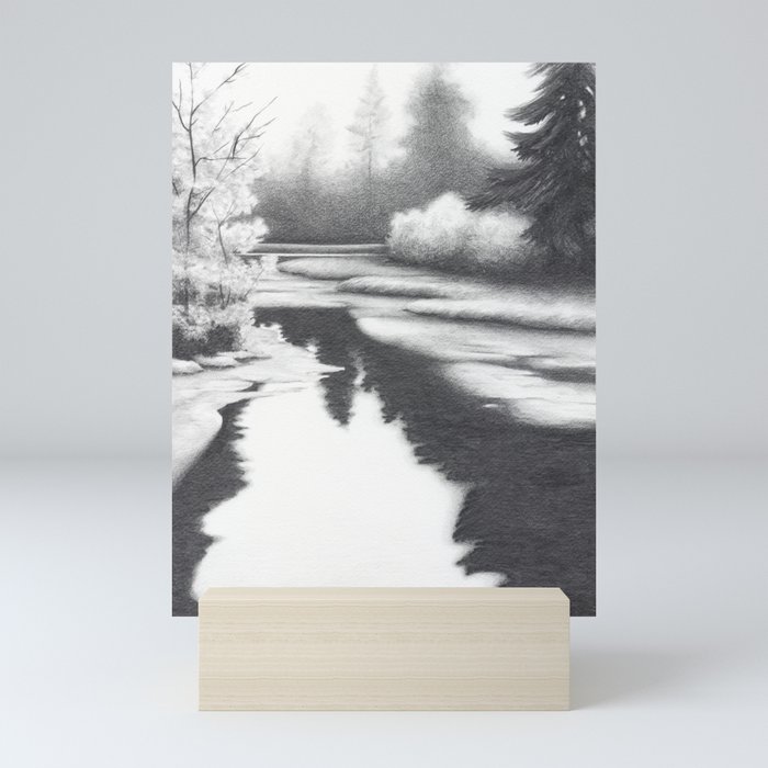 Nature - Graphite drawing landscape with river and trees Mini Art Print