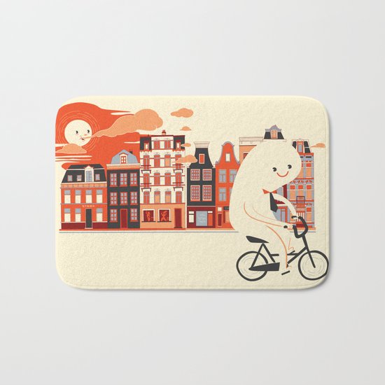 Happy Ghost Biking Through Amsterdam Bath Mat
