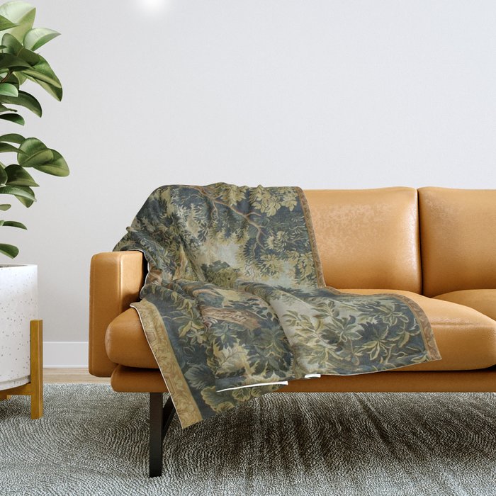 Antique 18th Century Verdure French Aubusson Tapestry Throw Blanket by