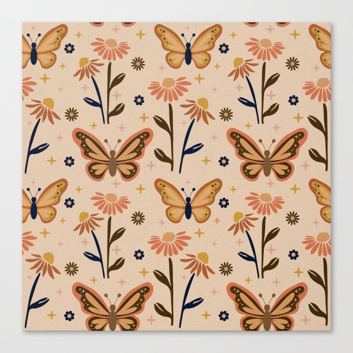 Retro Butterflies pattern - Daisy field Canvas Print