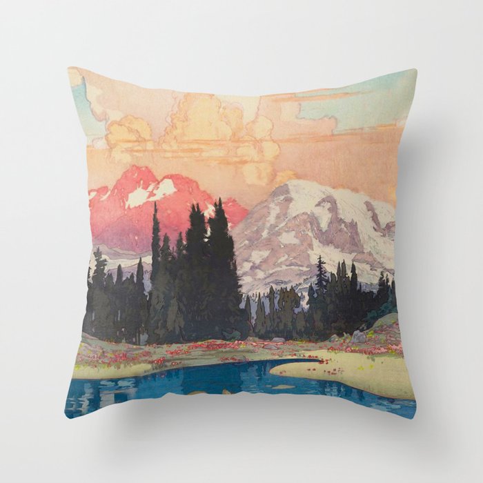 Storms over Keiisino - Winter Mountain & Forest Ukiyoe Nature Landscape in Pink, Blue, and Green Throw Pillow
