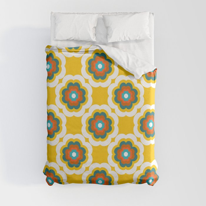 Granny Squares Yellow Flower Retro 70s Floral Pattern Duvet Cover