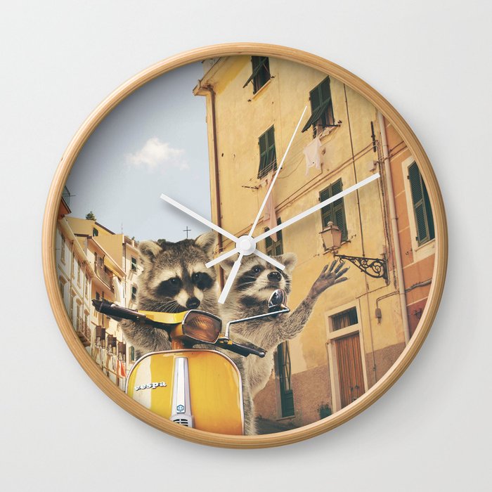 Raccoons on the road trip Wall Clock