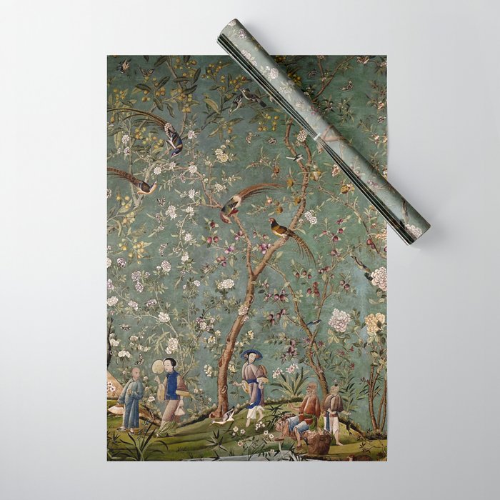 Antique Hand Painted Chinoiserie Botanical Flower Garden  Wrapping Paper