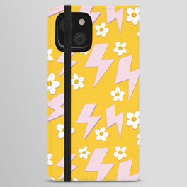 Bright pattern with flowers and lightning. Hippie style pattern on a yellow background Y2k 90s style iPhone Wallet Case