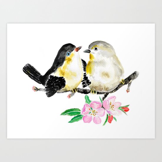 birds and apple flower blossom Art Print