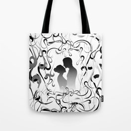 Boy's and girl's silhouettes with background Tote Bag