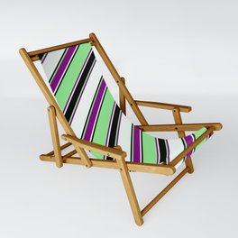 [ Thumbnail: Light Green, Purple, Mint Cream & Black Colored Lines Pattern Sling Chair ]
