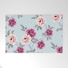 violet and yellow flowers with leaves pattern on blue background Welcome Mat