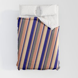 [ Thumbnail: Dim Gray, Dark Salmon, Tan & Blue Colored Lined/Striped Pattern Duvet Cover ]
