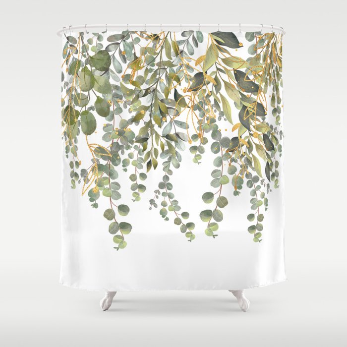 Green And Gold Decorative Eucalyptus Leaves  Shower Curtain