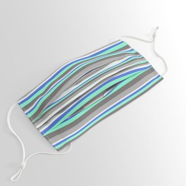 [ Thumbnail: Colorful Royal Blue, Aquamarine, Dim Grey, Dark Grey & Mint Cream Colored Lined/Striped Pattern Face Mask ]