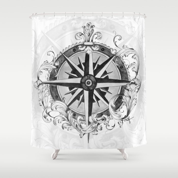 Black and White Scrolling Compass Rose Shower Curtain