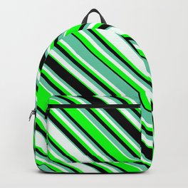 [ Thumbnail: Aquamarine, Mint Cream, Lime, and Black Colored Pattern of Stripes Backpack ]