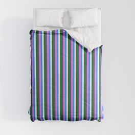[ Thumbnail: Colorful Blue, Violet, Dark Slate Blue, Dark Green & White Colored Striped/Lined Pattern Comforter ]