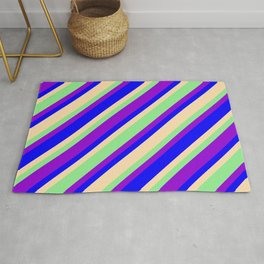 [ Thumbnail: Light Green, Dark Violet, Blue & Tan Colored Lines Pattern Rug ]