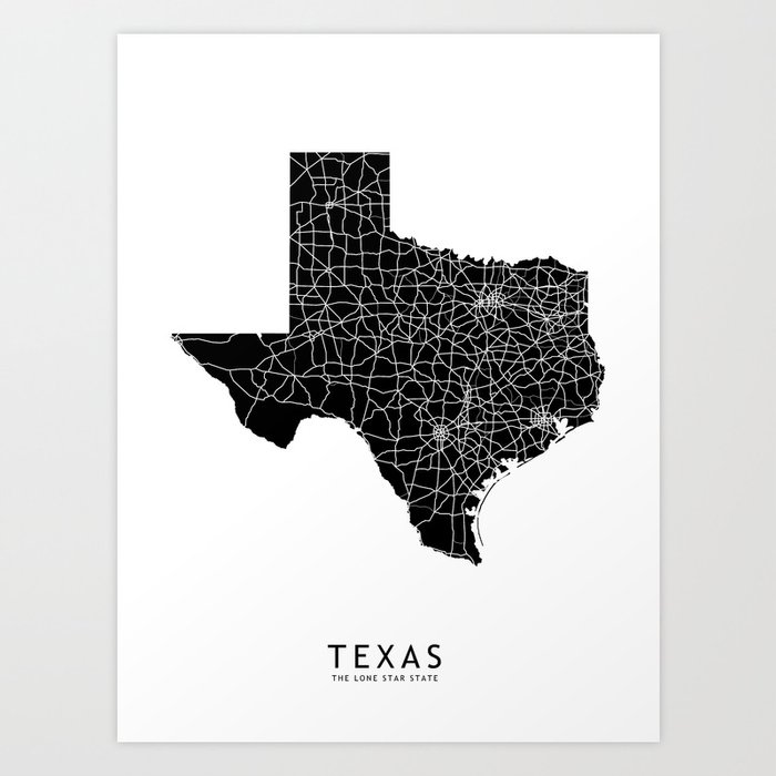 Texas Black Map Art Print