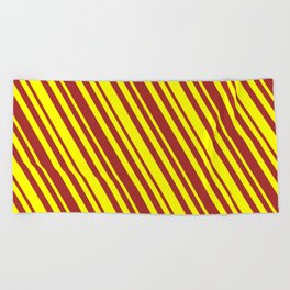 [ Thumbnail: Yellow & Brown Colored Lined Pattern Beach Towel ]