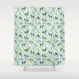 Horse and Flower Print, Mint Blue, Pink flowers, Equestrian, Spring Floral Shower Curtain