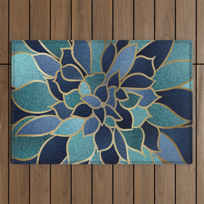 Festive, Floral Prints, Navy Blue, Teal and Gold Outdoor Rug