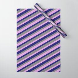 [ Thumbnail: Gray, Plum & Midnight Blue Colored Pattern of Stripes Wrapping Paper ]