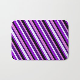 [ Thumbnail: Eye-catching Orchid, Indigo, Lavender, Dark Violet, and Black Colored Stripes Pattern Bath Mat ]
