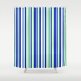 [ Thumbnail: Mint Cream, Green, and Blue Colored Pattern of Stripes Shower Curtain ]