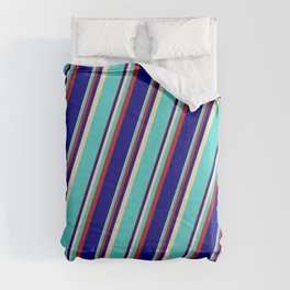[ Thumbnail: Tan, Turquoise, Red & Blue Colored Lined Pattern Comforter ]