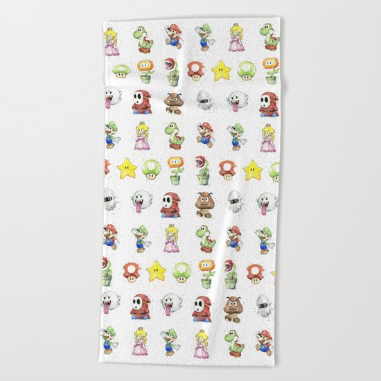 Mario Characters Watercolor Geek Gaming Videogame Beach Towel