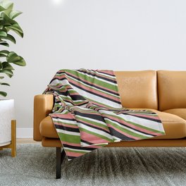 [ Thumbnail: Green, Light Coral, Black & White Colored Lined/Striped Pattern Throw Blanket ]