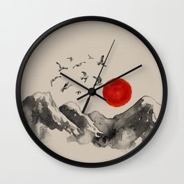 Japanese Mountains Serenity Landscape Wall Clock | Zen, Seagulls, Watercolor, Ink, Serenity, Japanesesun, Sun, Birds, Sunset, Japanese 