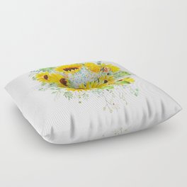 yellow sunflower blue hydrangea white orchid arrangement ink and watercolor  Floor Pillow