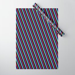 [ Thumbnail: Aquamarine, Black, Red, and Blue Colored Stripes/Lines Pattern Wrapping Paper ]