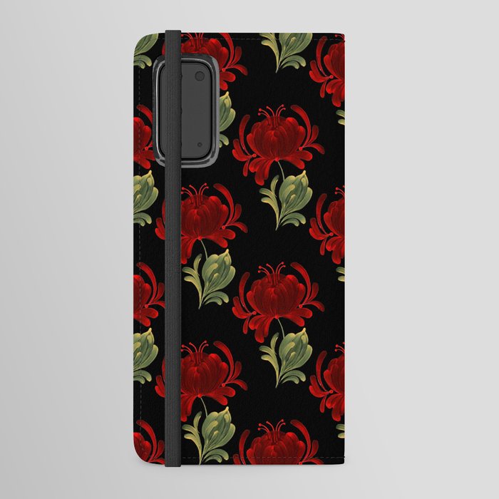 Red Folk Art Mums on Black Android Wallet Case