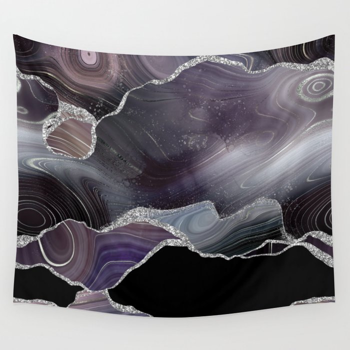 Black & Silver Glitter Agate Texture 01 Wall Tapestry