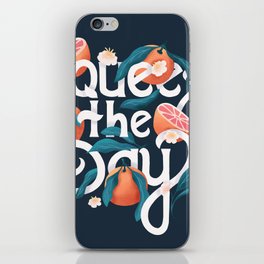 Squeeze the day lettering illustration with oranges on dark blue background. Hand lettering; fruit and floral design in bright colors.  iPhone Skin