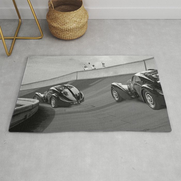 Vintage Italian race car test track with antique Bugatti's racing black and white photograph / photography   Rug