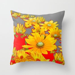 MODERN YELLOW FLOWERS GREY-RED ART Throw Pillow