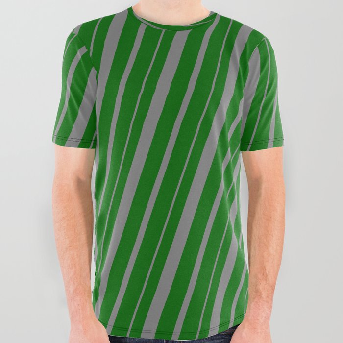 Dark Green and Gray Colored Lined Pattern All Over Graphic Tee