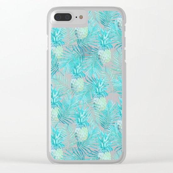 Turquoise Palm Leaves and Pineapples on Pink Clear iPhone Case