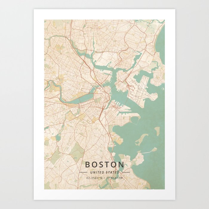 Boston, United States - Vintage Map Kunstdrucke | Graphic-design, Boston, United, States, America, Karte, City, Town, Street, Streets