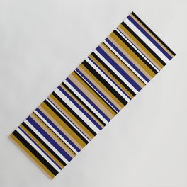 [ Thumbnail: Tan, Dark Goldenrod, Black, White & Midnight Blue Colored Lines/Stripes Pattern Yoga Mat ]
