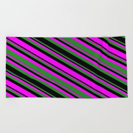 [ Thumbnail: Fuchsia, Forest Green & Black Colored Lines/Stripes Pattern Beach Towel ]