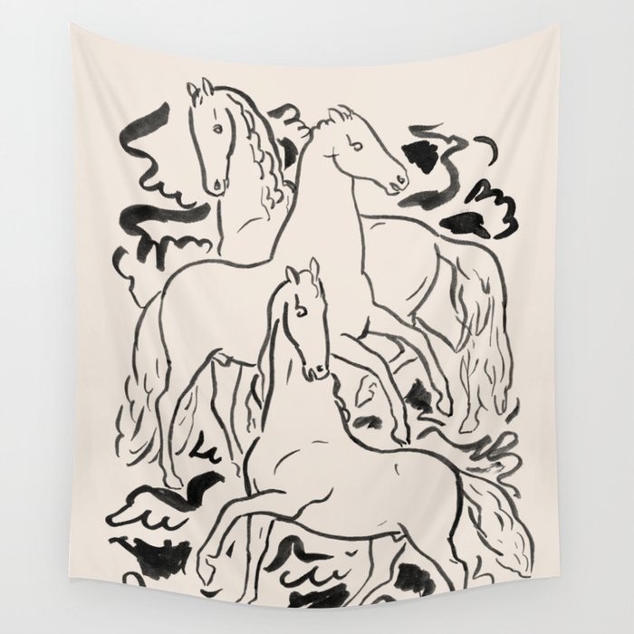 Three Horses Ivory and Black Wall Tapestry by Classic Art Stock